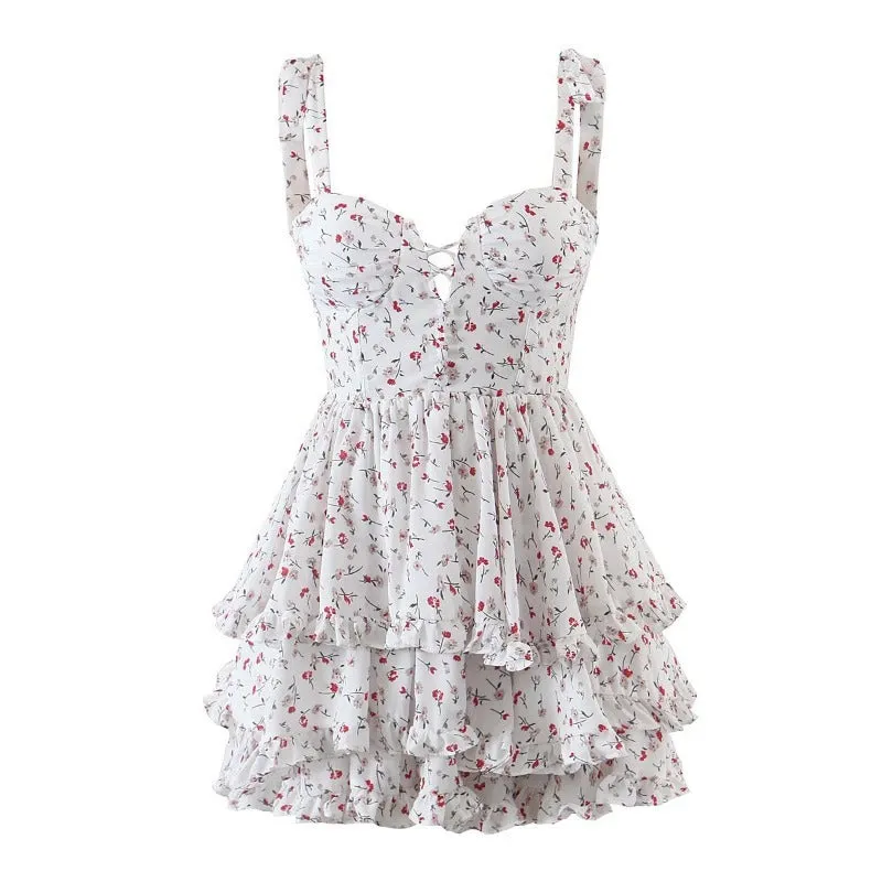 Suspender Lace-up Corset Round Neck Layered Wooden Ear Cake Dress Dress