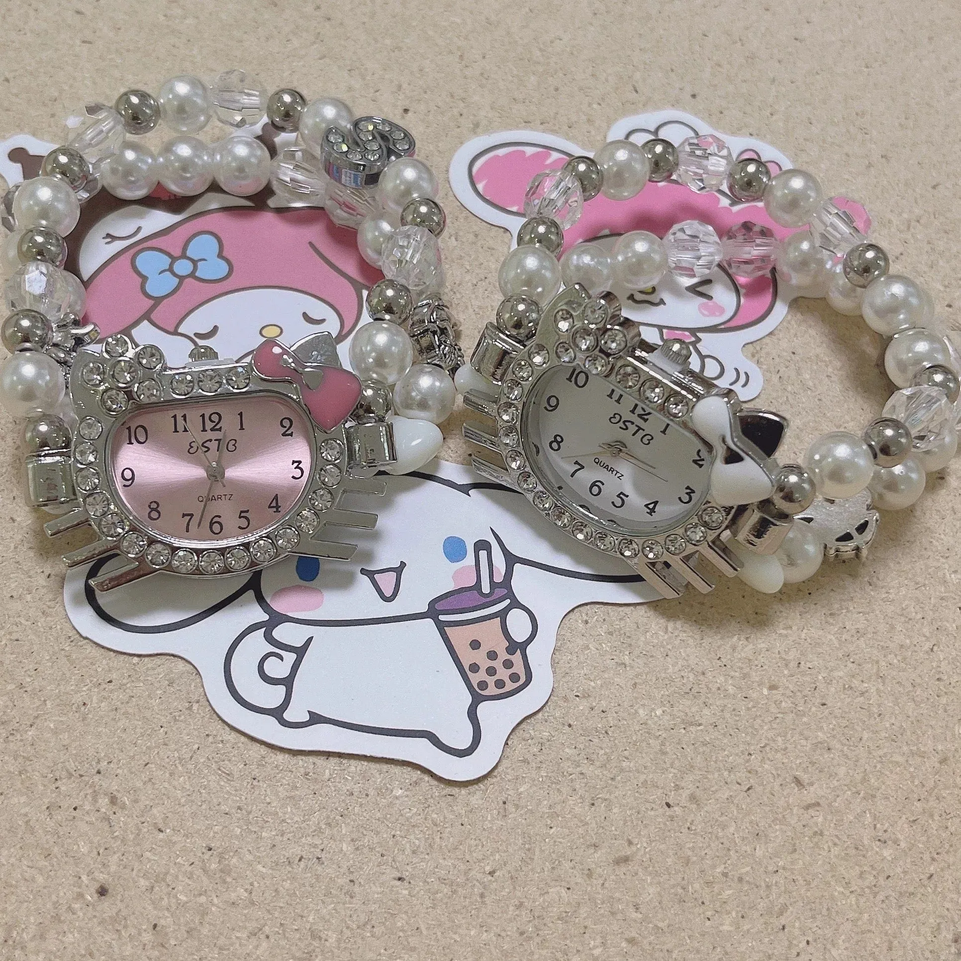 Sweet Rhinestone Inlaid Cupid Charm Pearl Chain Hello Kitty Watch