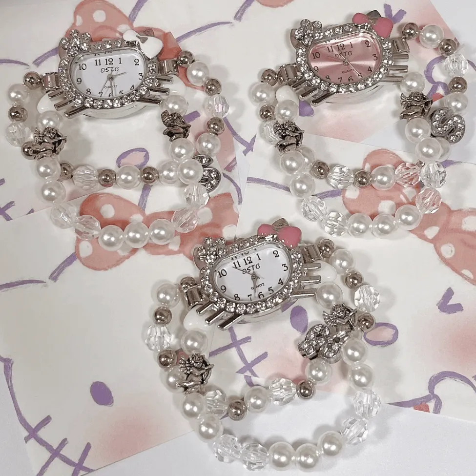 Sweet Rhinestone Inlaid Cupid Charm Pearl Chain Hello Kitty Watch