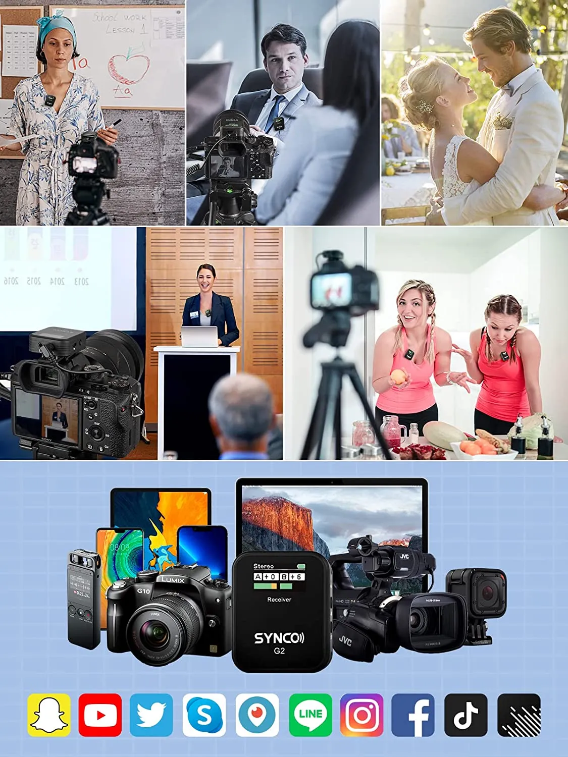 SYNCO G2(A2) 2.4G Lavalier Dual Transmitter & 1 Receiver Lapel Wireless Mic for Smartphone, Camera Vlog Streaming