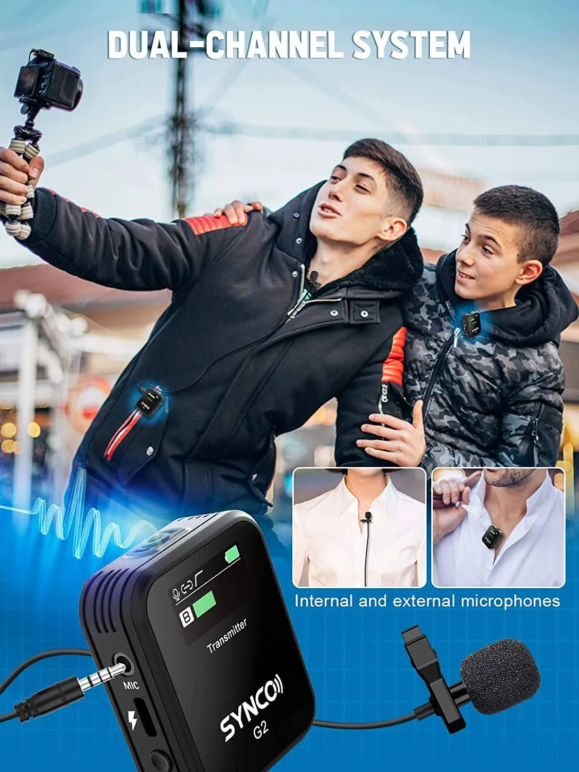SYNCO G2(A2) 2.4G Lavalier Dual Transmitter & 1 Receiver Lapel Wireless Mic for Smartphone, Camera Vlog Streaming