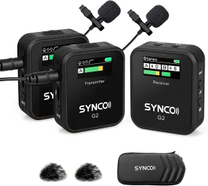 SYNCO G2(A2) 2.4G Lavalier Dual Transmitter & 1 Receiver Lapel Wireless Mic for Smartphone, Camera Vlog Streaming
