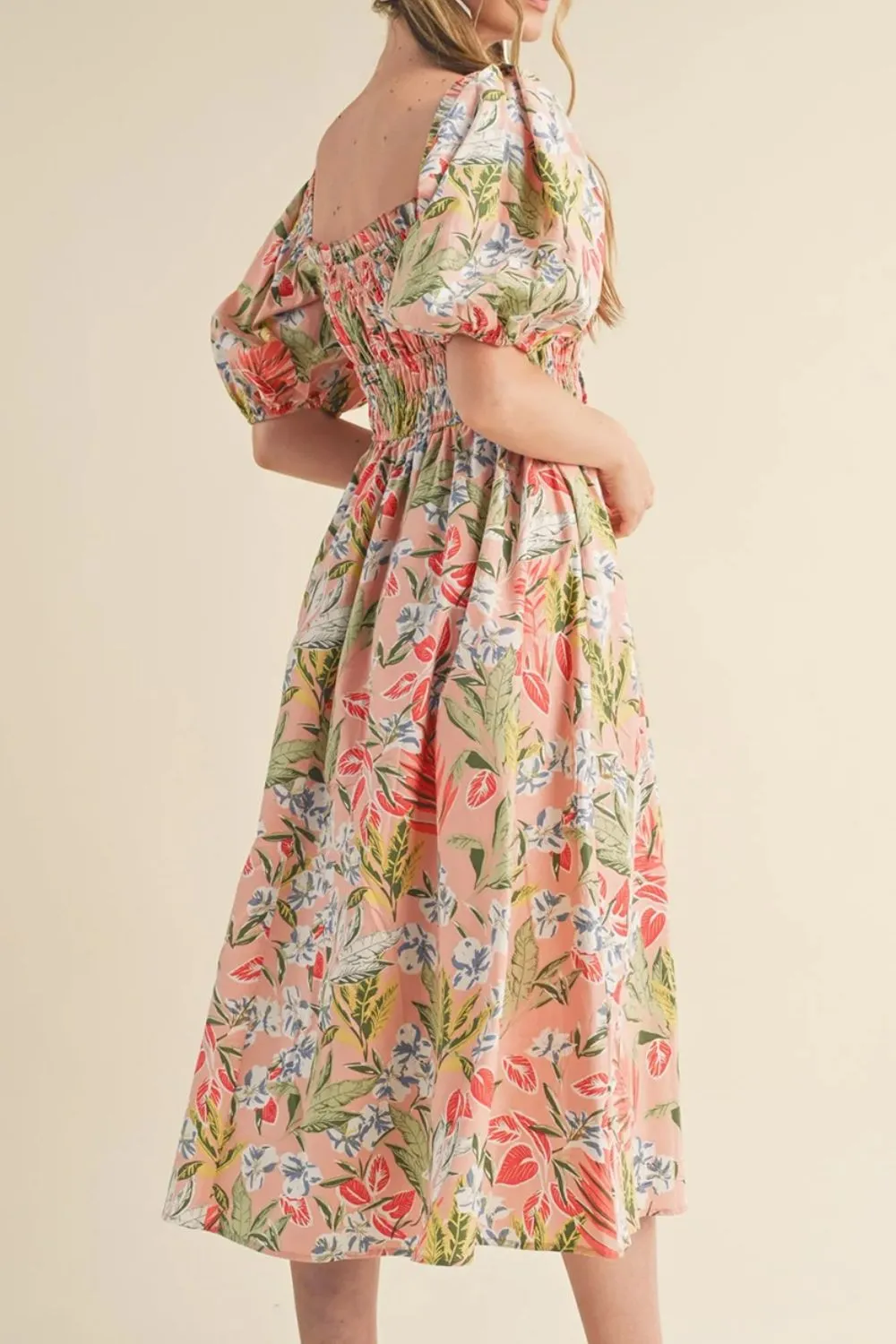 SYNZ Floral Smocked Square Neck Puff Short Sleeve Midi Dress