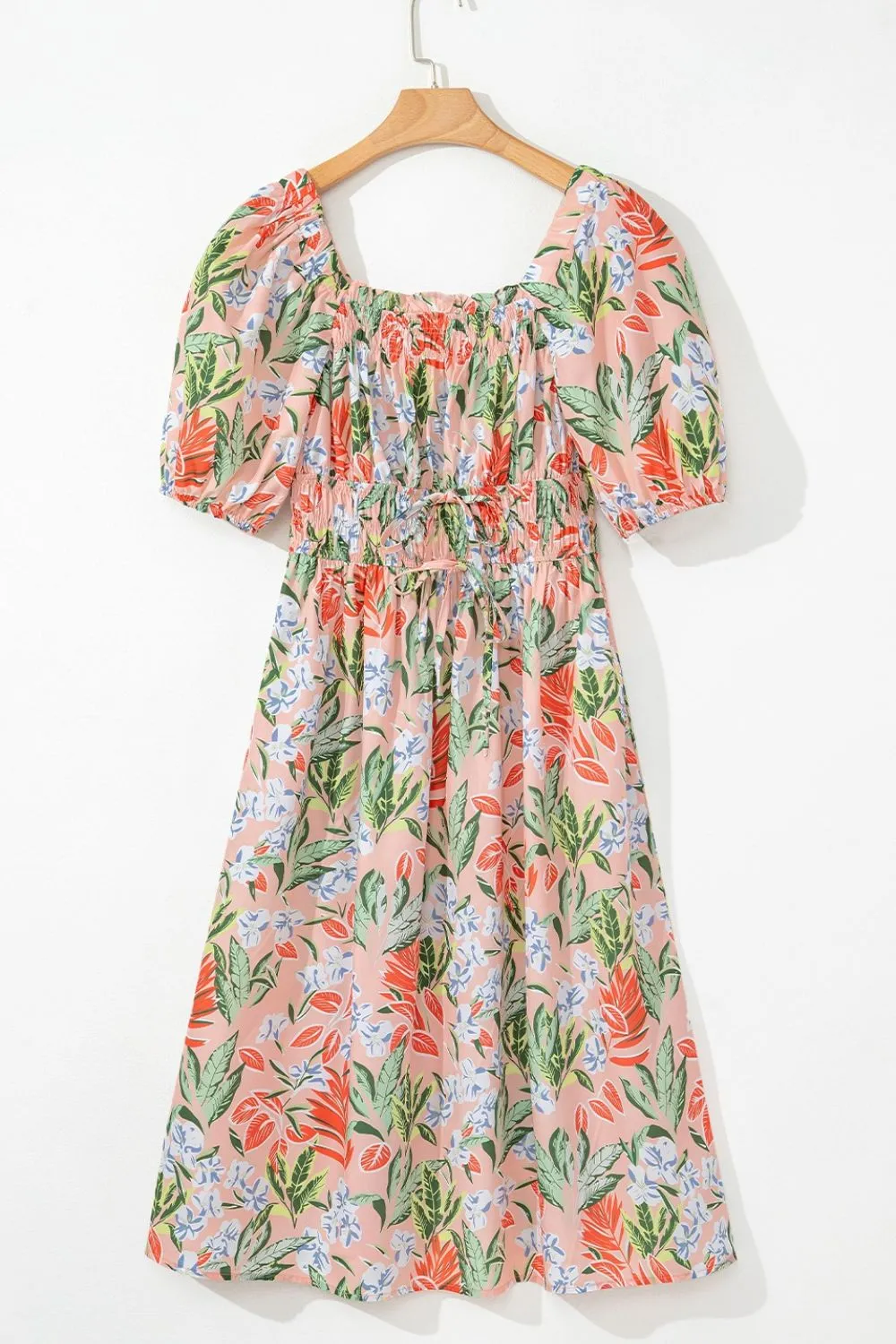 SYNZ Floral Smocked Square Neck Puff Short Sleeve Midi Dress