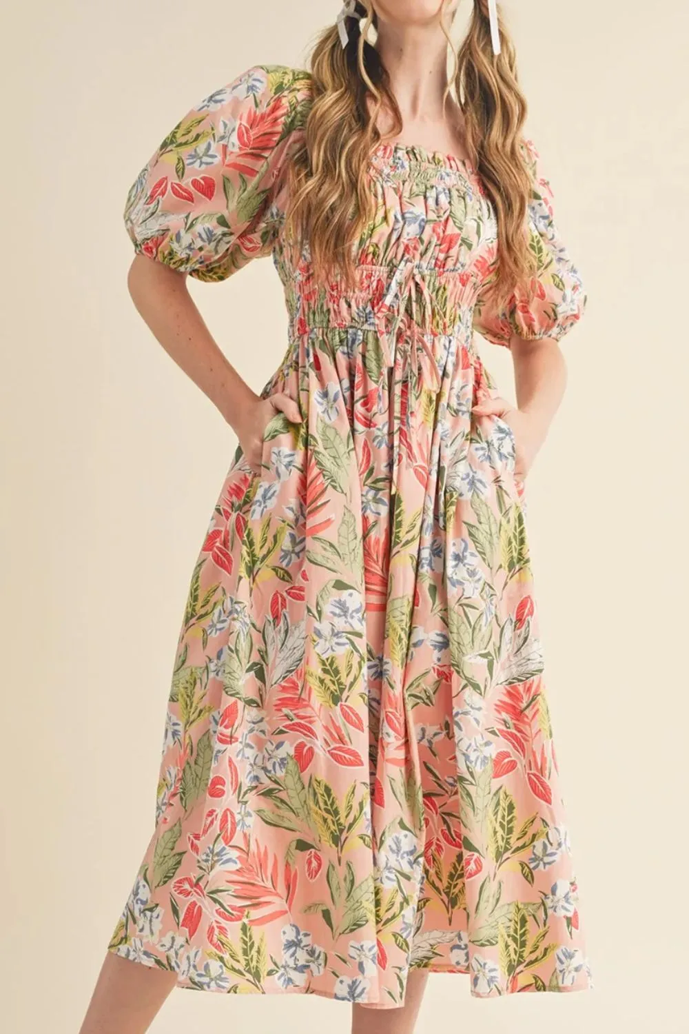 SYNZ Floral Smocked Square Neck Puff Short Sleeve Midi Dress