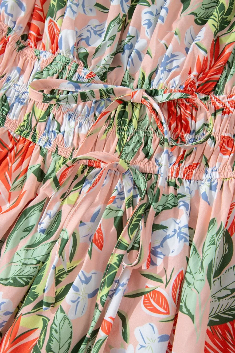 SYNZ Floral Smocked Square Neck Puff Short Sleeve Midi Dress