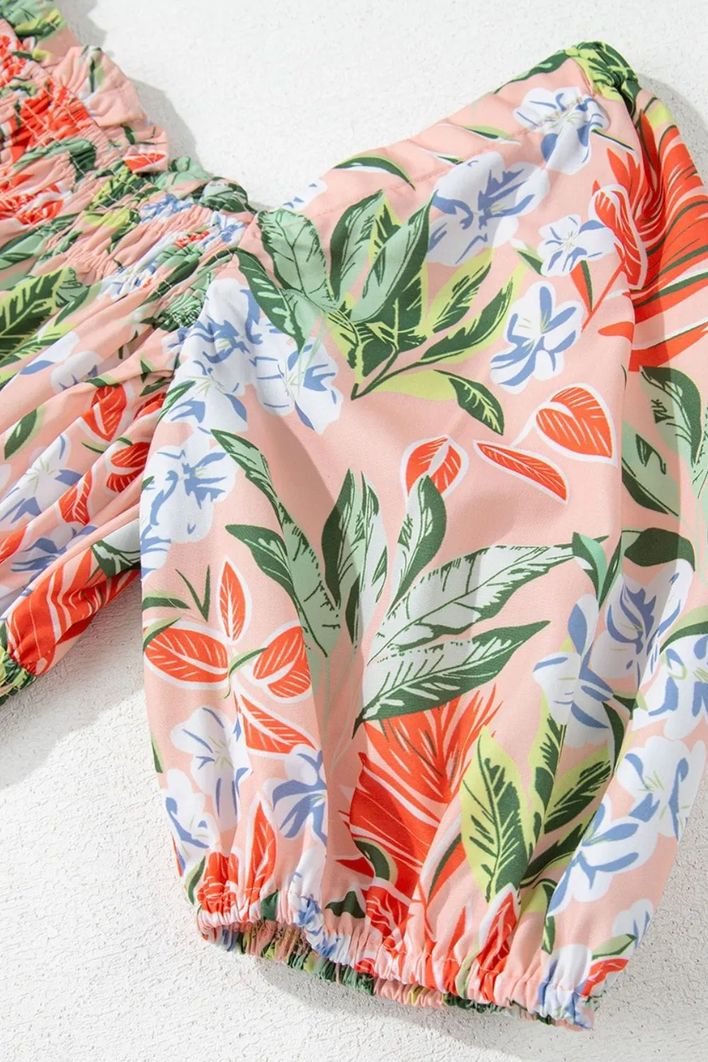 SYNZ Floral Smocked Square Neck Puff Short Sleeve Midi Dress