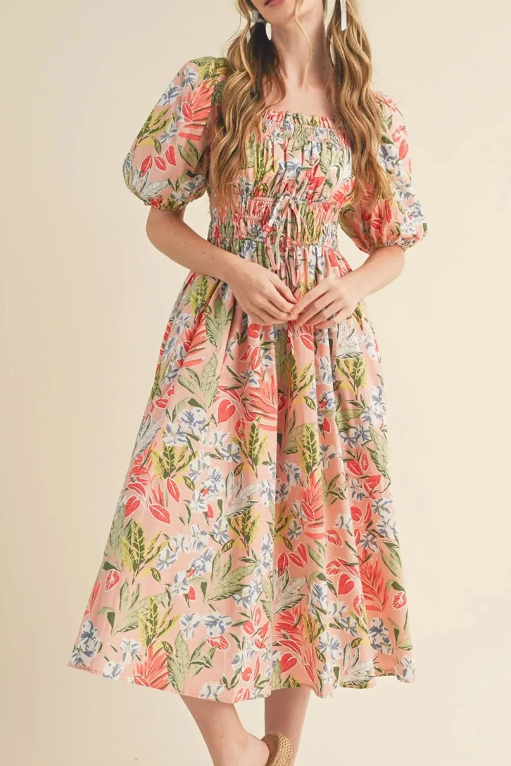 SYNZ Floral Smocked Square Neck Puff Short Sleeve Midi Dress