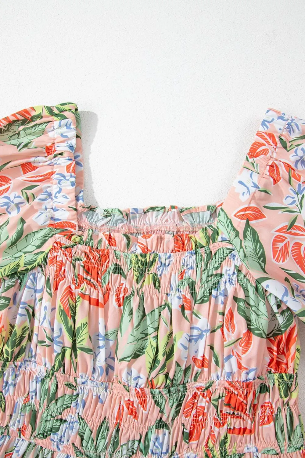 SYNZ Floral Smocked Square Neck Puff Short Sleeve Midi Dress