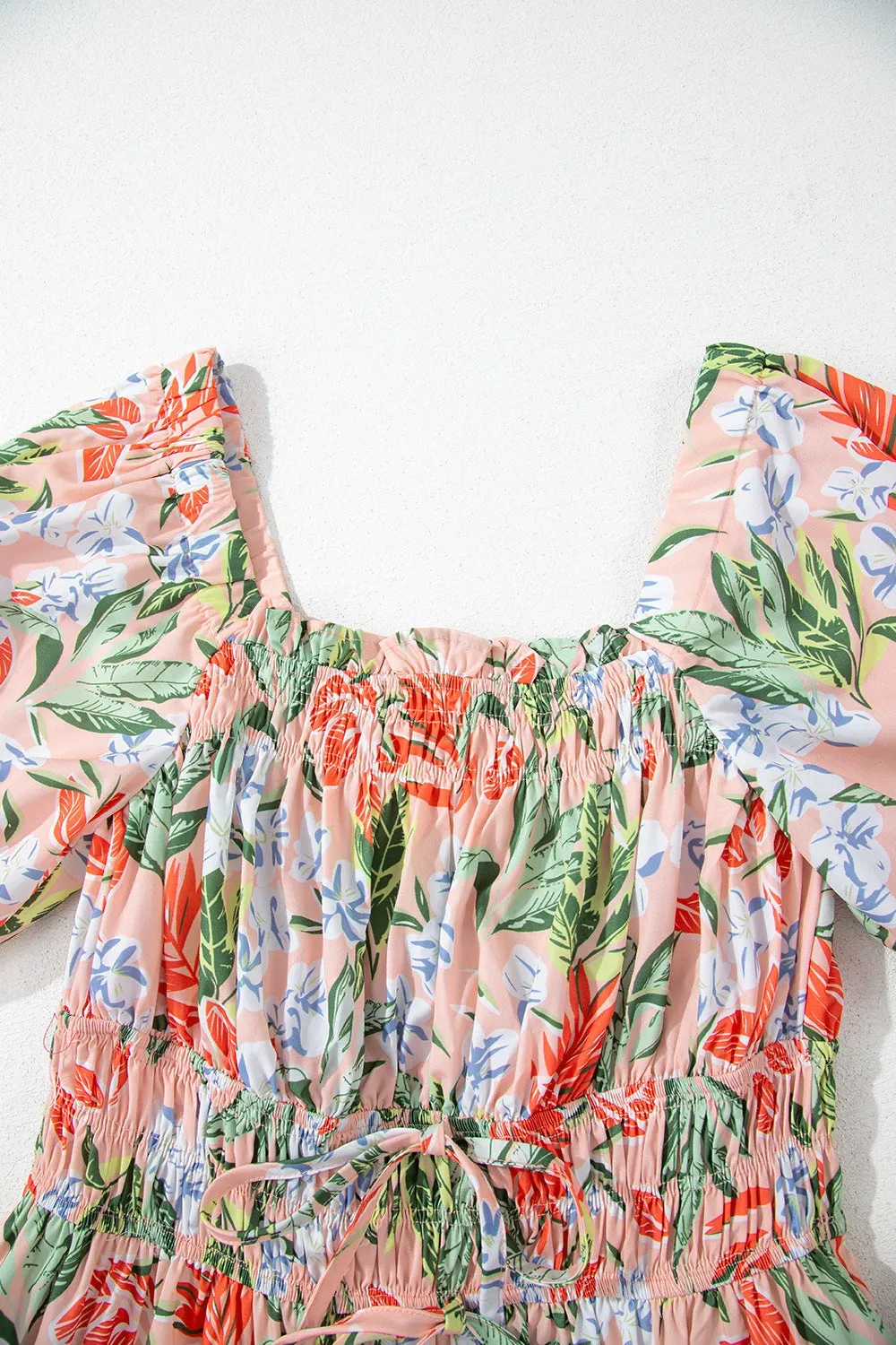 SYNZ Floral Smocked Square Neck Puff Short Sleeve Midi Dress