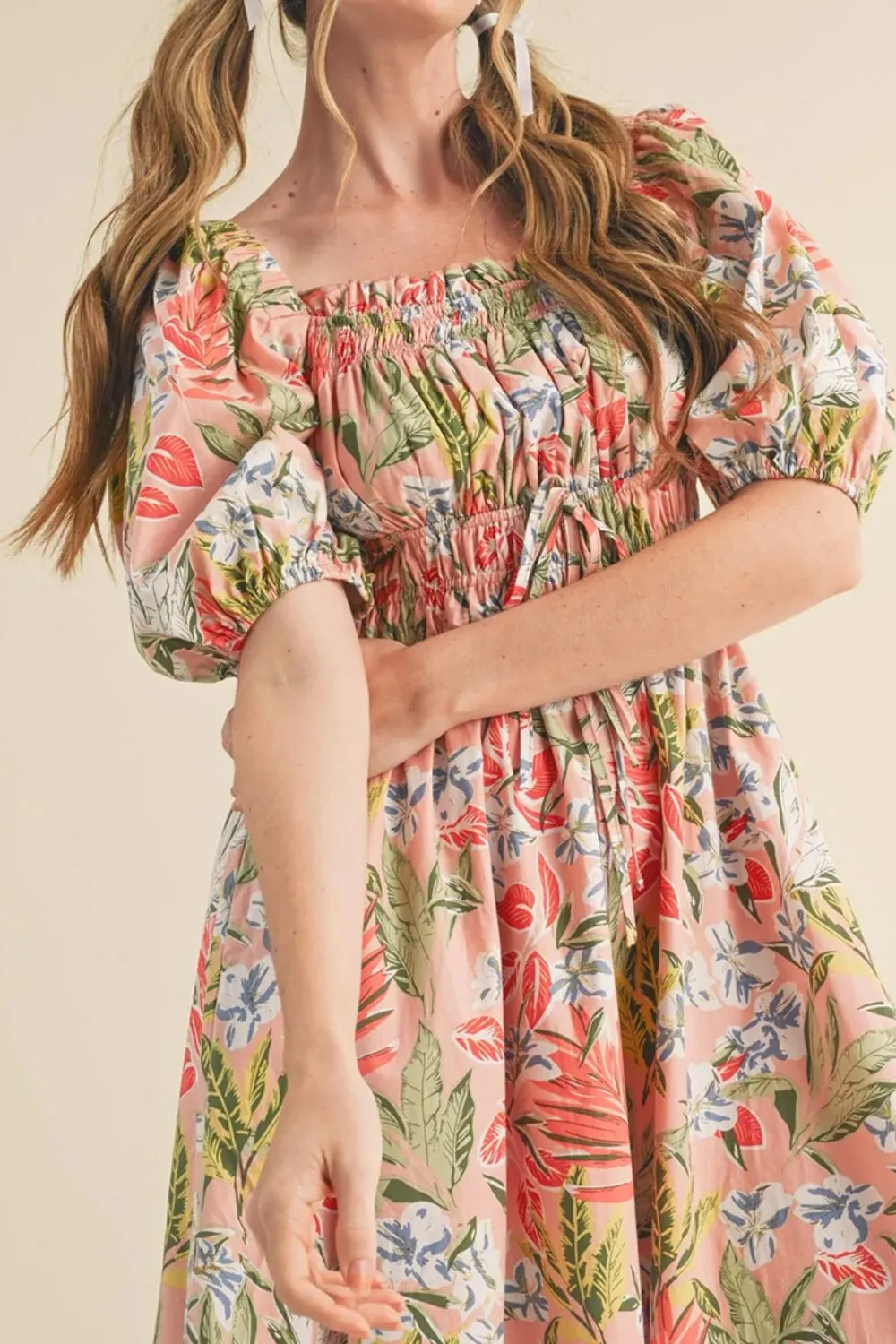 SYNZ Floral Smocked Square Neck Puff Short Sleeve Midi Dress