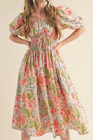 SYNZ Floral Smocked Square Neck Puff Short Sleeve Midi Dress
