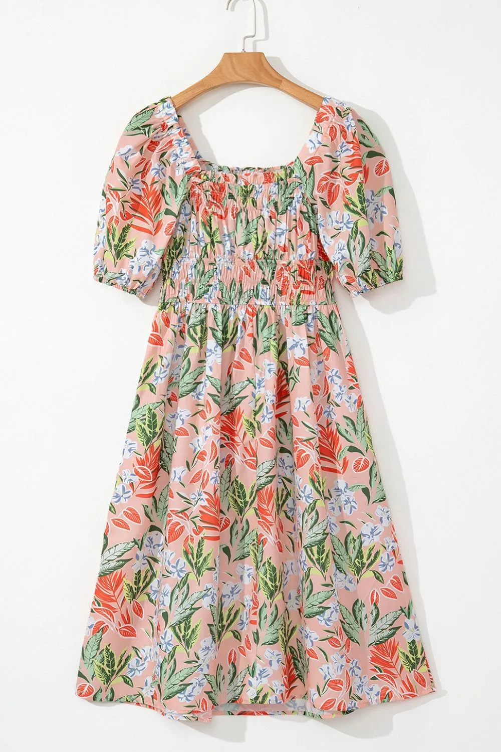 SYNZ Floral Smocked Square Neck Puff Short Sleeve Midi Dress