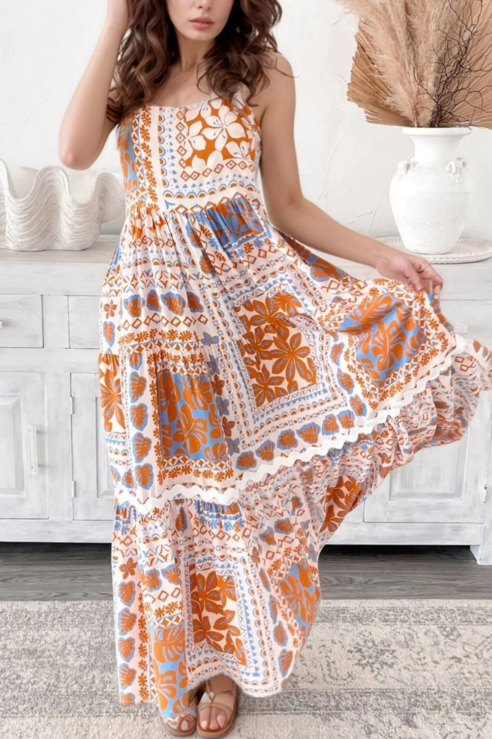 SYNZ Printed Smocked Back Patchwork Ricrac Trim Cami Dress