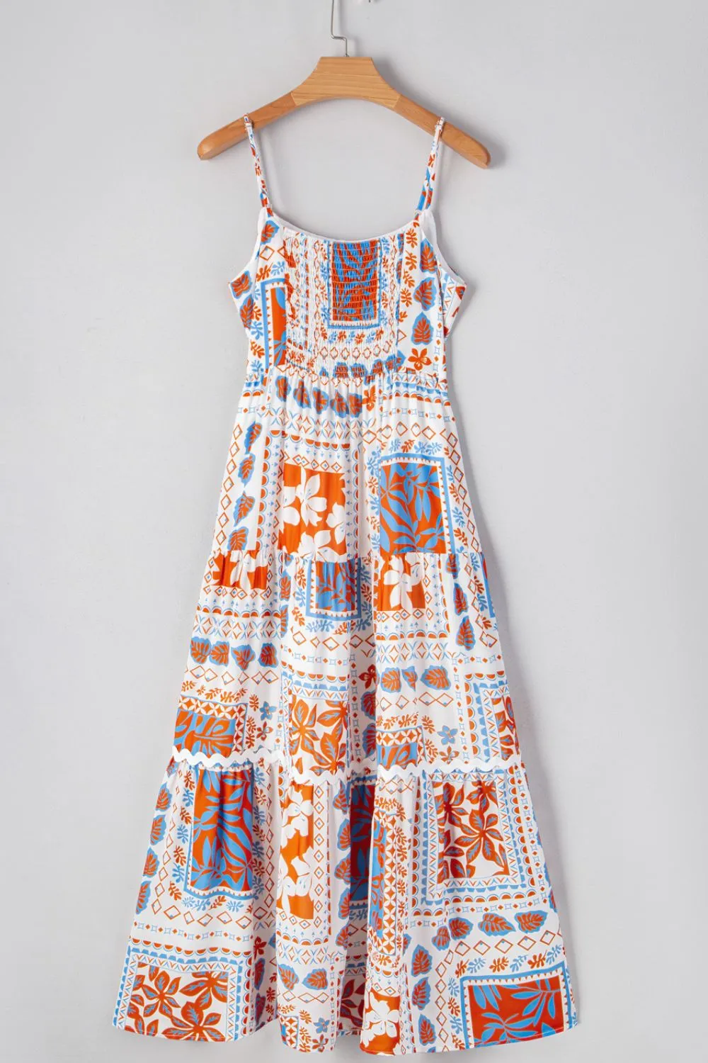 SYNZ Printed Smocked Back Patchwork Ricrac Trim Cami Dress