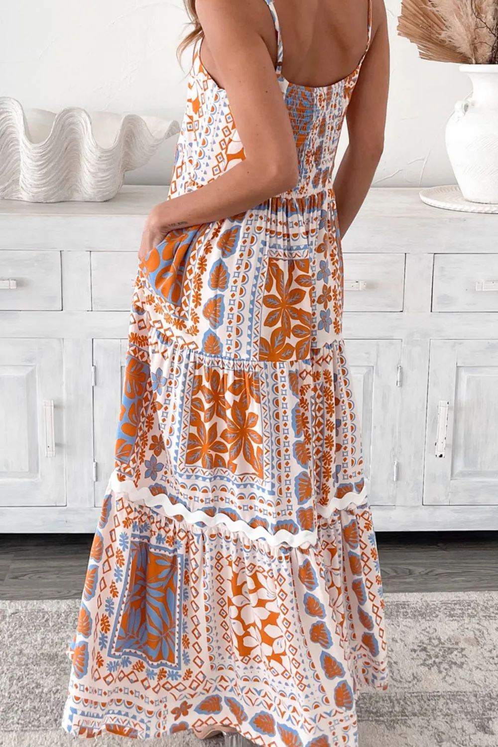 SYNZ Printed Smocked Back Patchwork Ricrac Trim Cami Dress