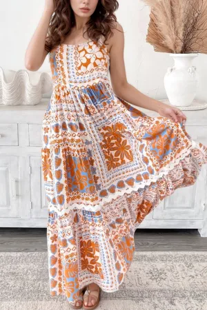SYNZ Printed Smocked Back Patchwork Ricrac Trim Cami Dress