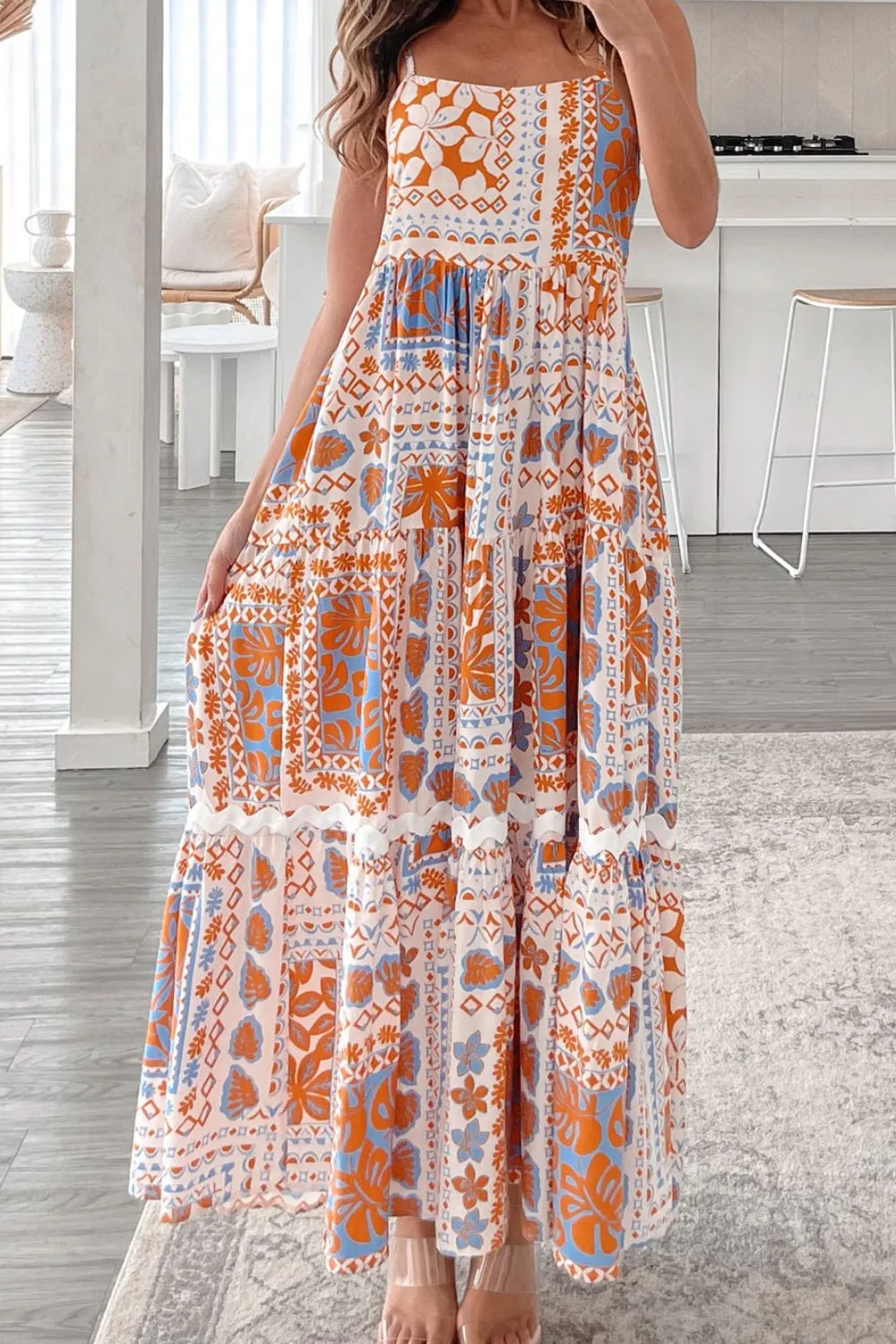 SYNZ Printed Smocked Back Patchwork Ricrac Trim Cami Dress