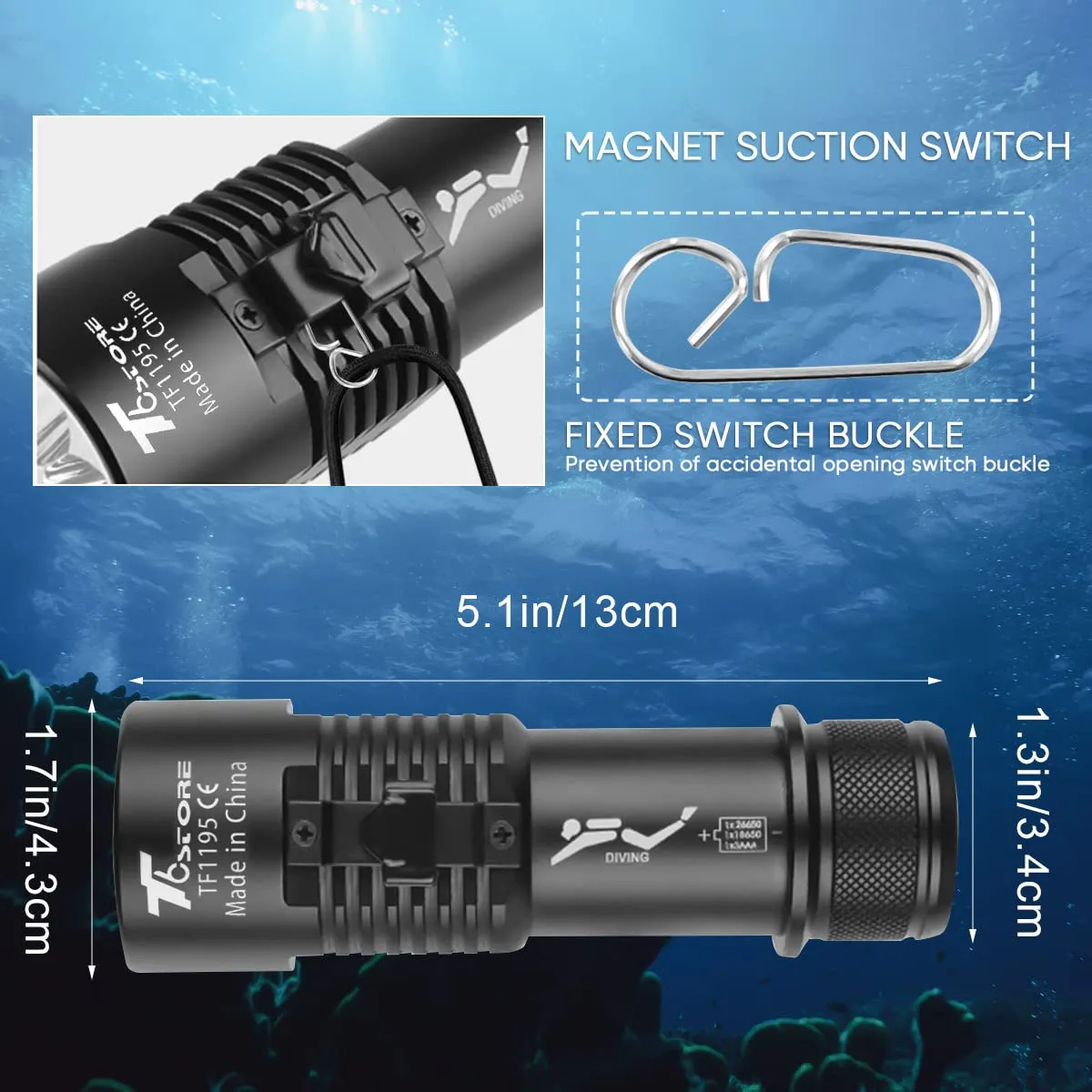 T6 Diving Flashlight - 6000 Lumens Rechargeable Scuba Dive Lights IPX8 Waterproof Underwater 98ft Led Flashlights Super Bright Submersible Torch Light for Under Water Deep Sea Snorkeling Cave at Night
