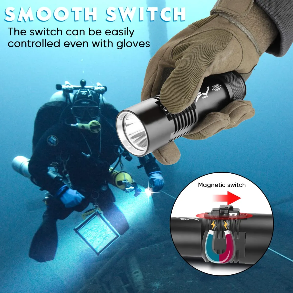 T6 Diving Flashlight - 6000 Lumens Rechargeable Scuba Dive Lights IPX8 Waterproof Underwater 98ft Led Flashlights Super Bright Submersible Torch Light for Under Water Deep Sea Snorkeling Cave at Night