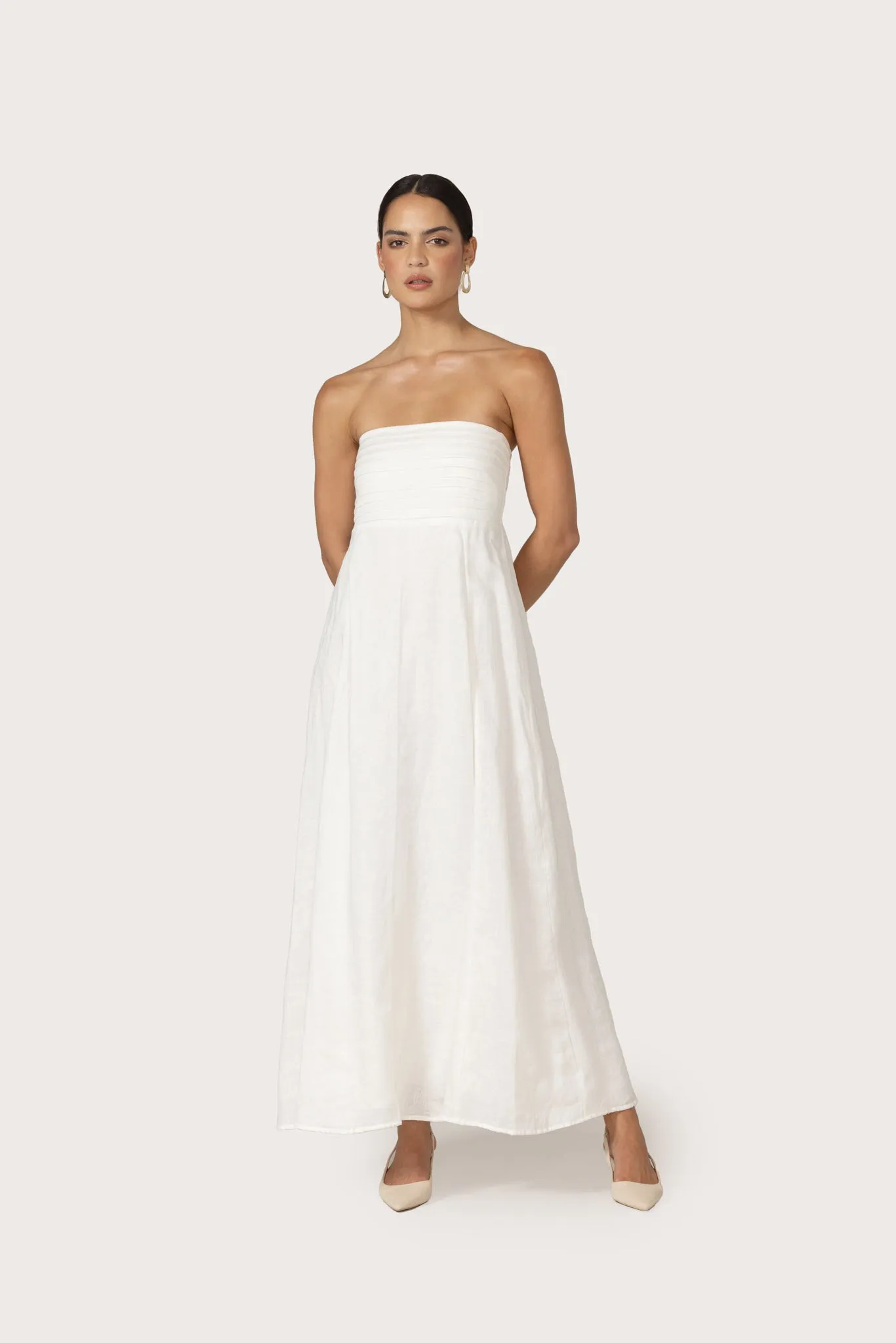 Talia Linen Pintuck Maxi Dress in White