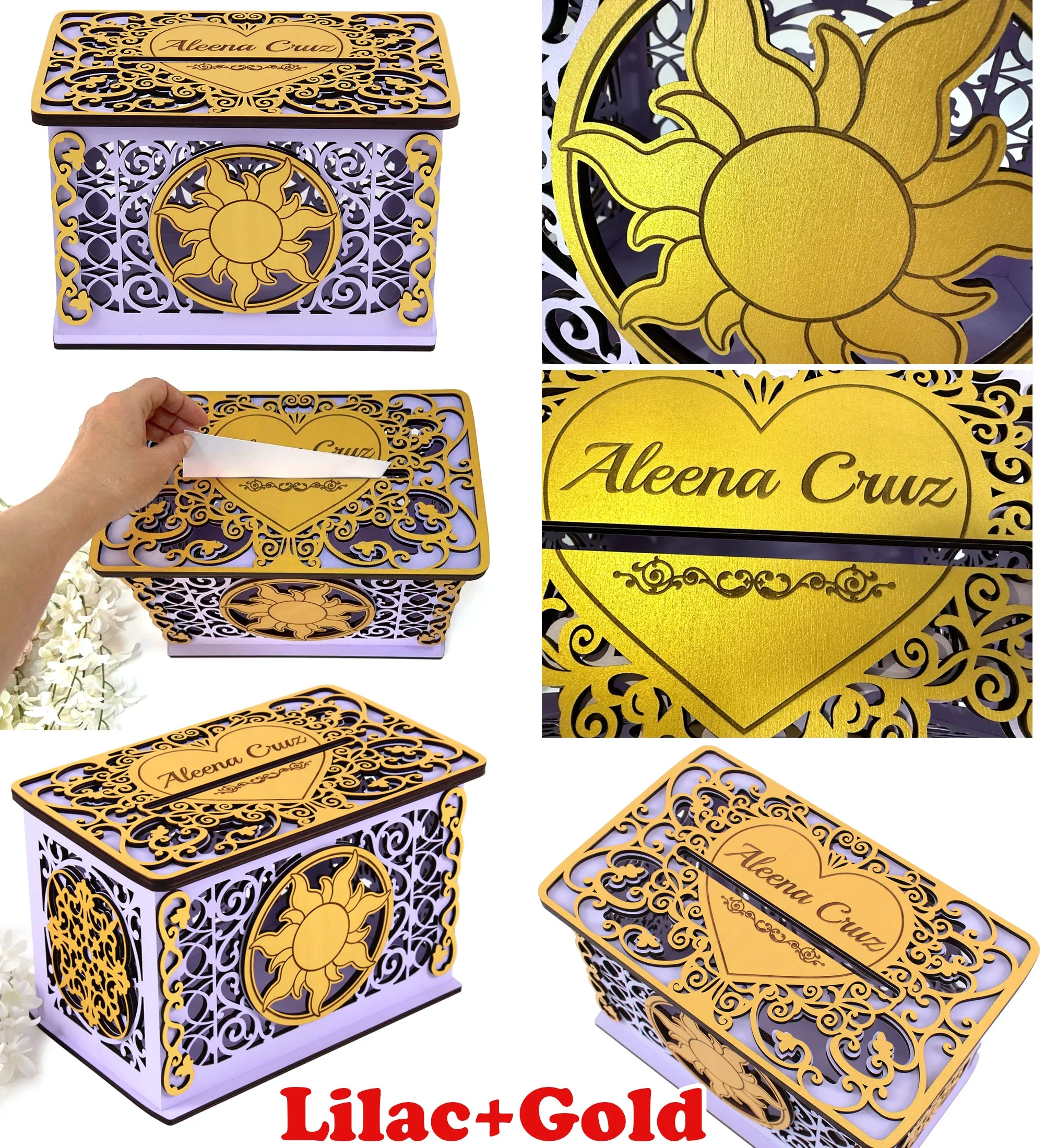 Tangled Sun Wedding Card Box, Rapunzel Quinceanera Money Box, Personalized Lockable Card Box for Sweet 16, Wooden Box for Wedding Greetings, Wedding Gift, Handmade Gift