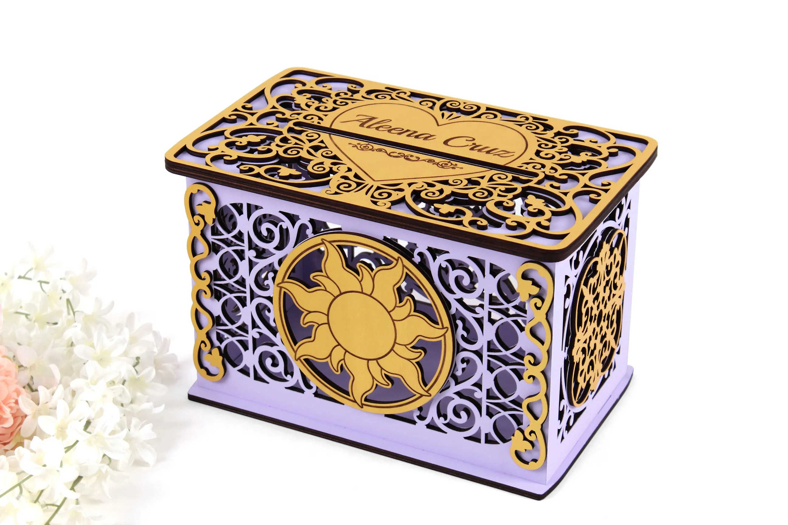 Tangled Sun Wedding Card Box, Rapunzel Quinceanera Money Box, Personalized Lockable Card Box for Sweet 16, Wooden Box for Wedding Greetings, Wedding Gift, Handmade Gift
