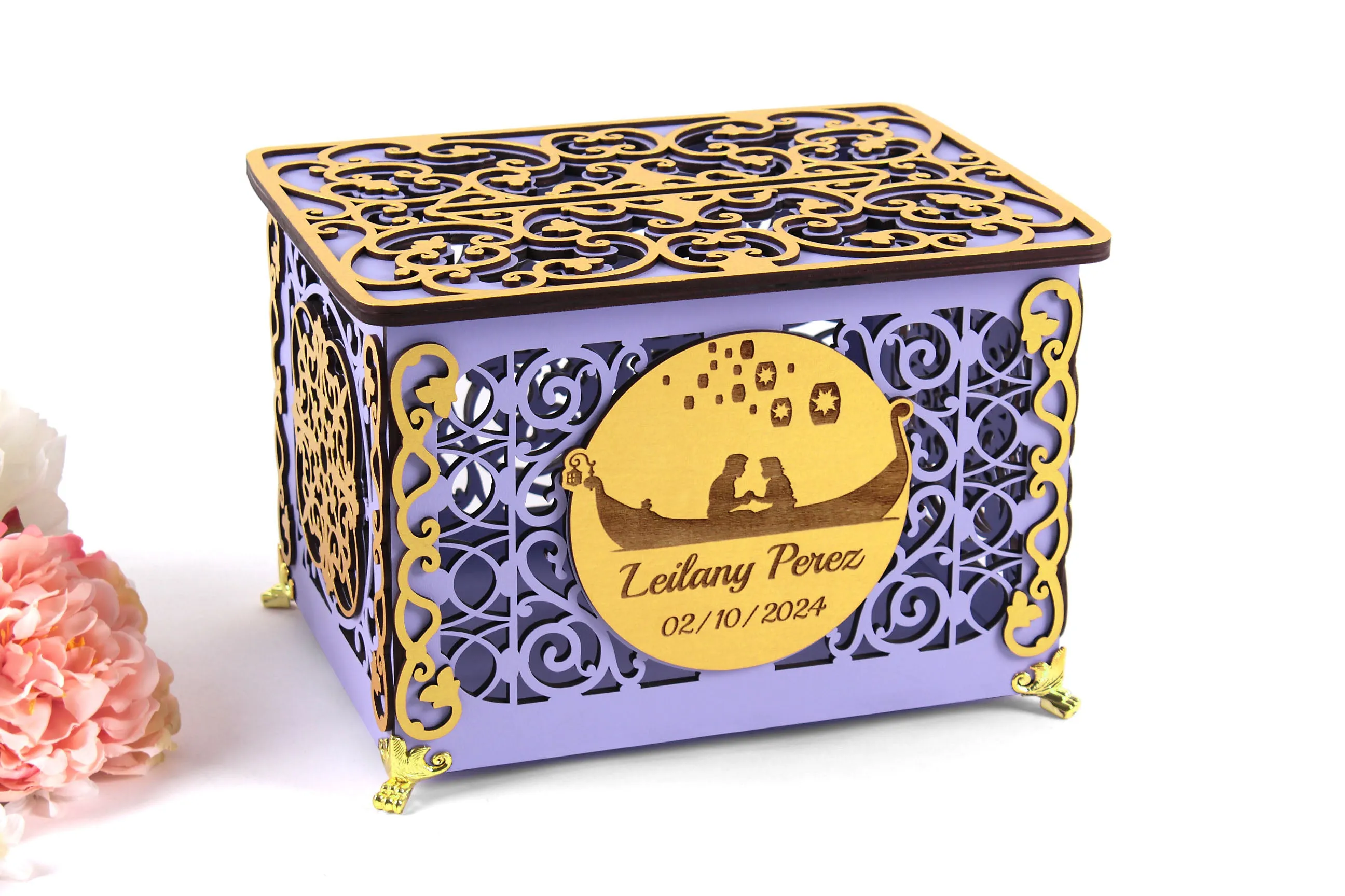 Tangled Wedding Card Box, Rapunzel in Boat and Lanterns Money Box, Personalized Card Box with Lock for Sweet 16 or Quinceanera Party, Wedding Gift, Handmade Gifts