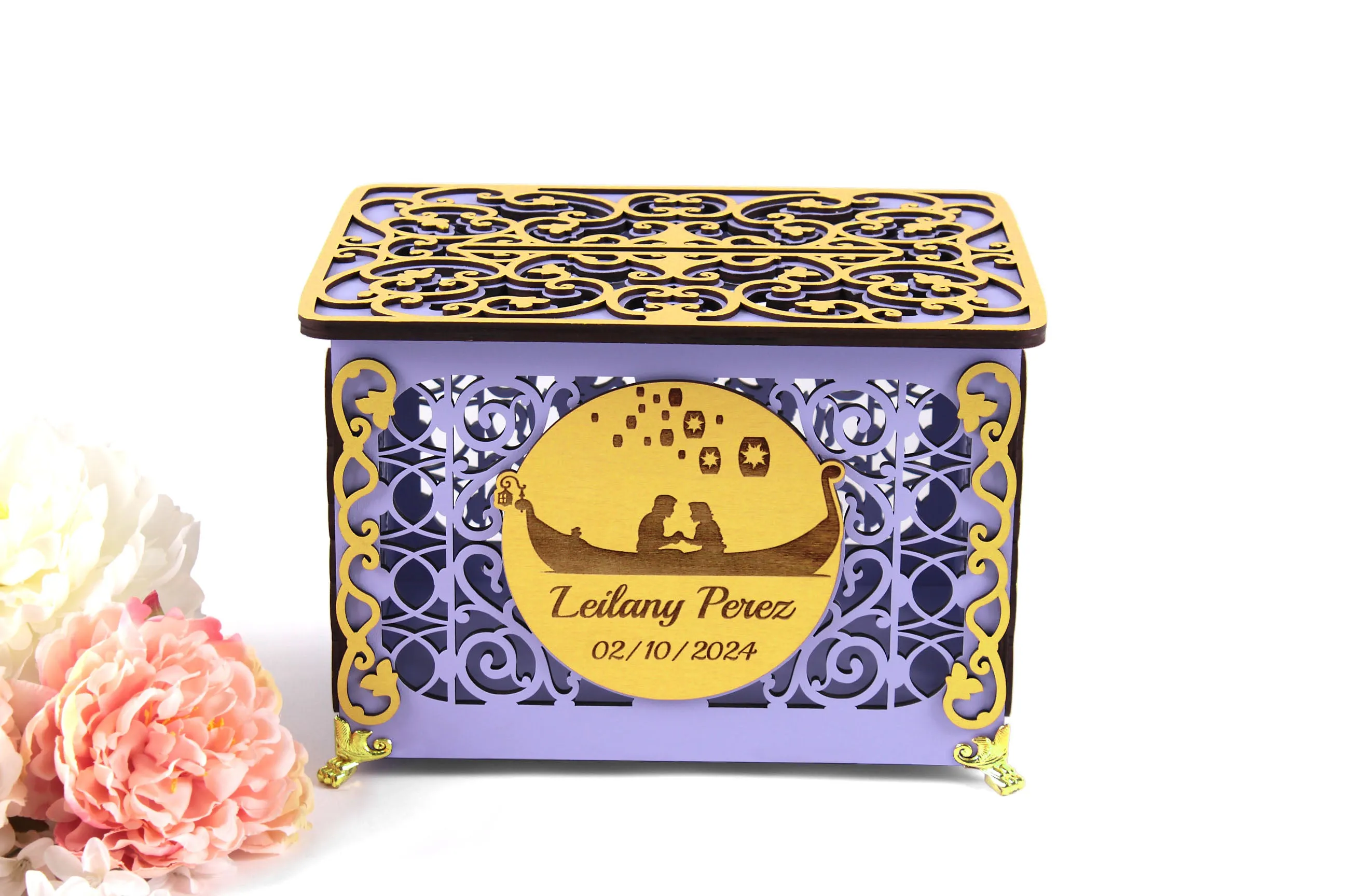 Tangled Wedding Card Box, Rapunzel in Boat and Lanterns Money Box, Personalized Card Box with Lock for Sweet 16 or Quinceanera Party, Wedding Gift, Handmade Gifts