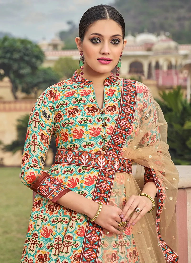 Teal And Maroon Multicoloured Printed Silk Designer Anarkali Gown