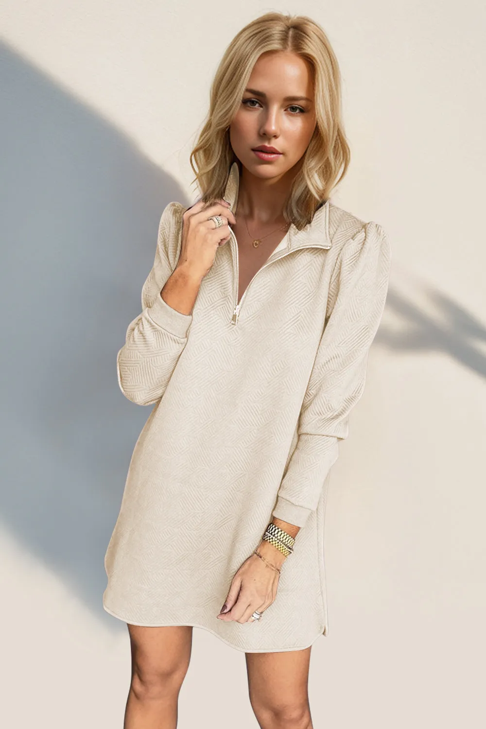 Textured Quarter Zip Long Sleeve Dress