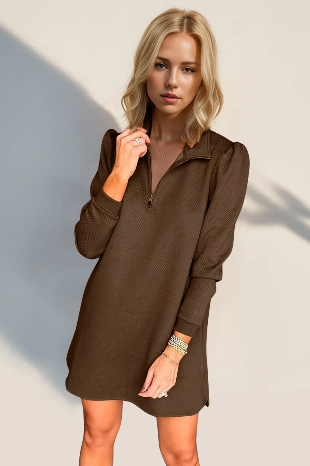 Textured Quarter Zip Long Sleeve Dress