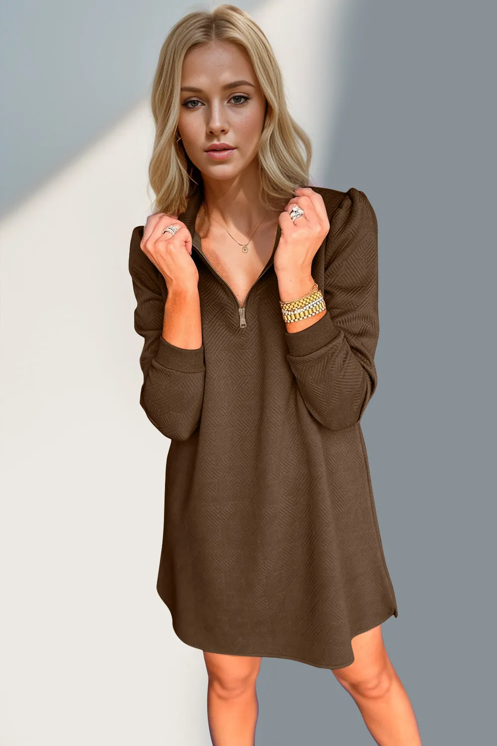 Textured Quarter Zip Long Sleeve Dress