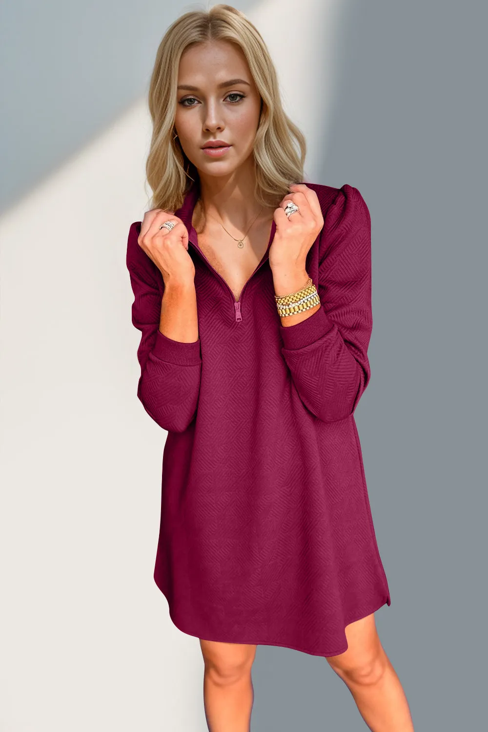 Textured Quarter Zip Long Sleeve Dress