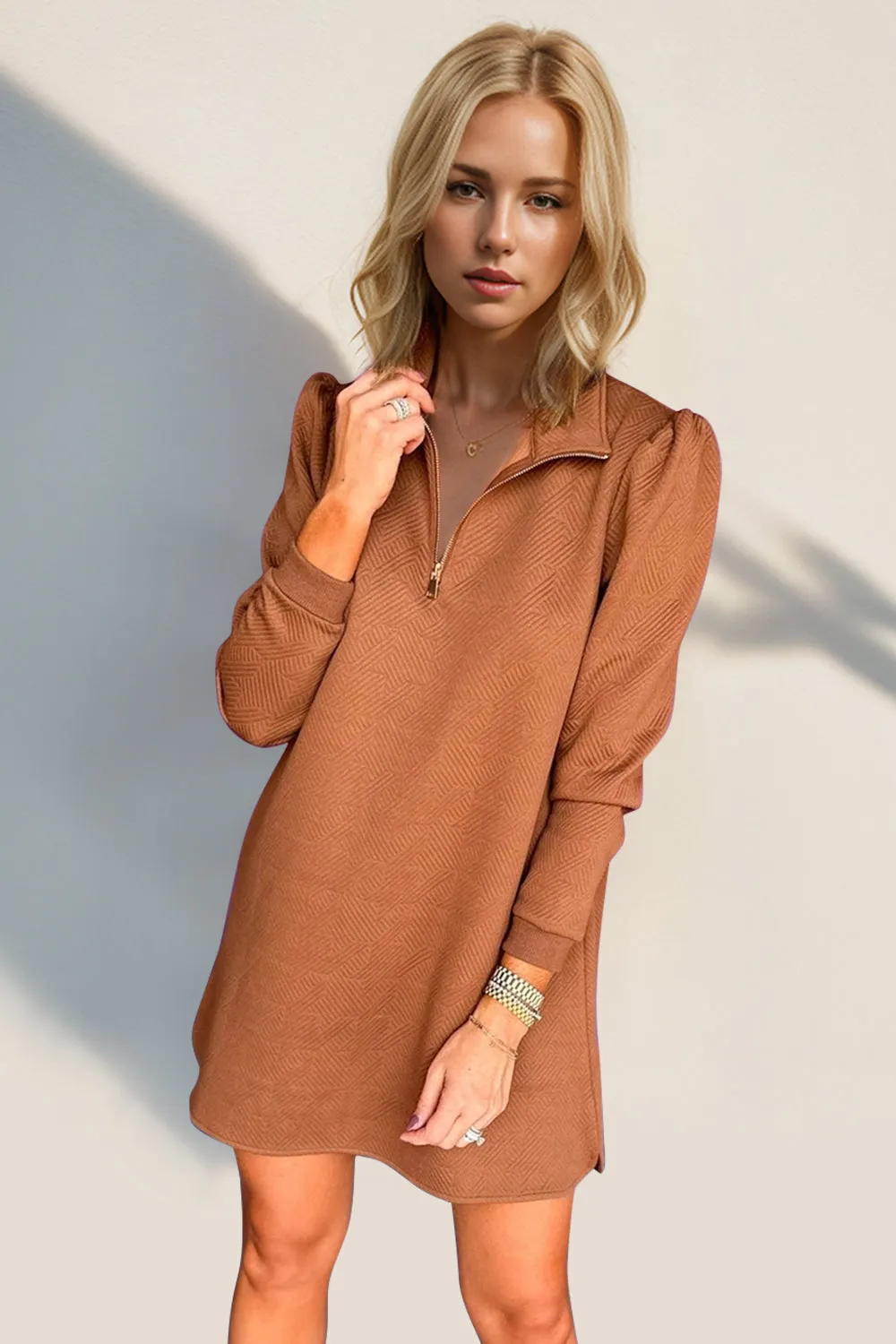 Textured Quarter Zip Long Sleeve Dress