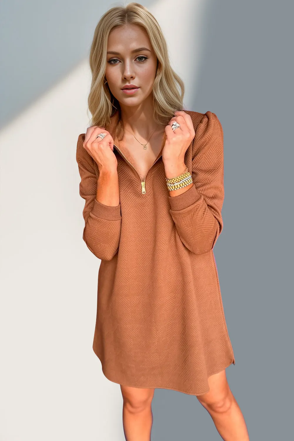 Textured Quarter Zip Long Sleeve Dress