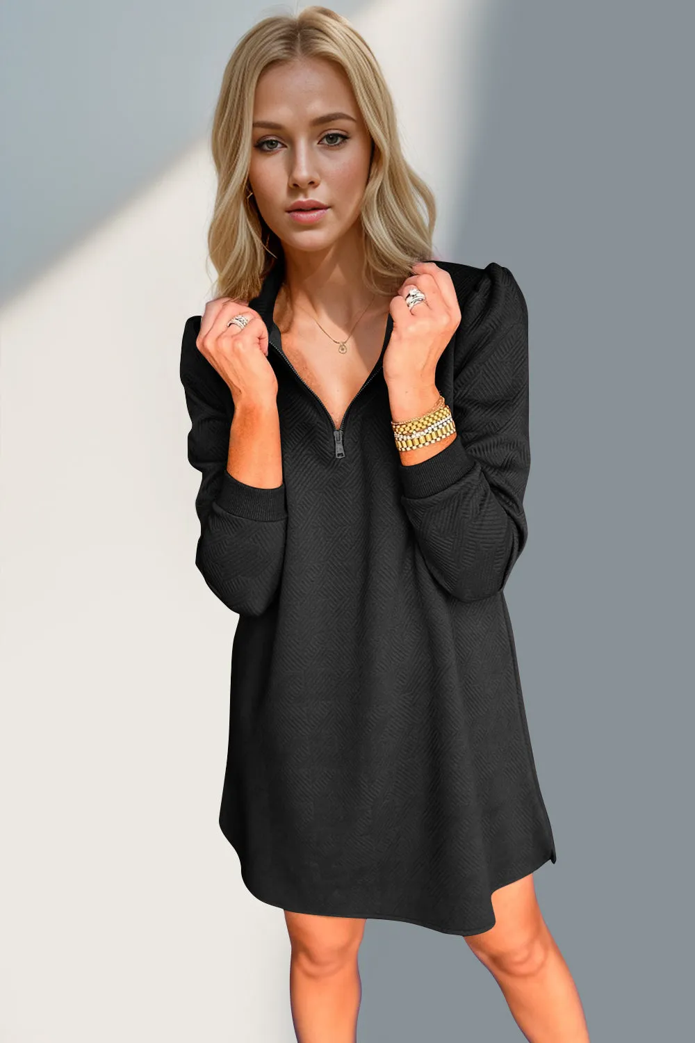 Textured Quarter Zip Long Sleeve Dress
