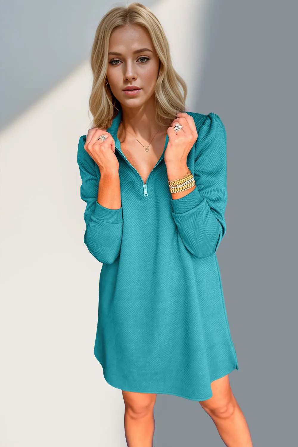 Textured Quarter Zip Long Sleeve Dress