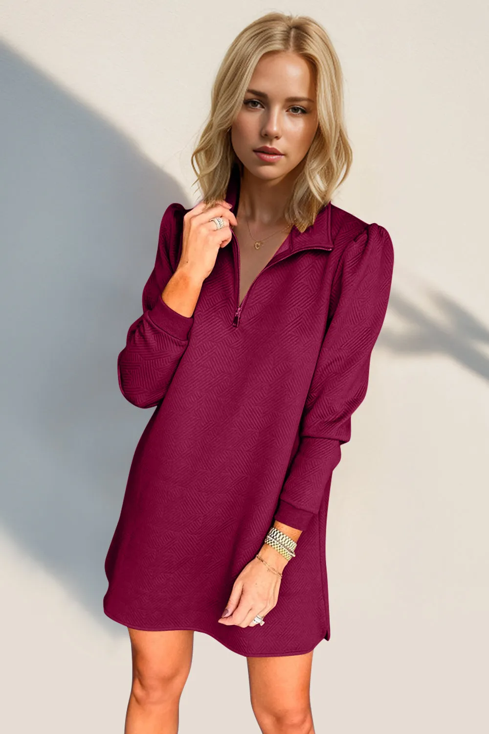 Textured Quarter Zip Long Sleeve Dress