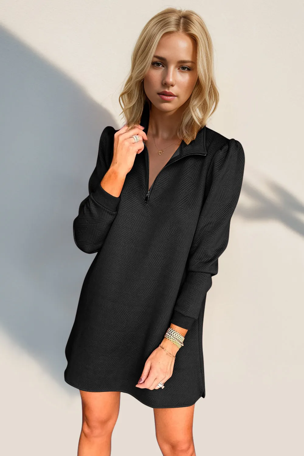 Textured Quarter Zip Long Sleeve Dress