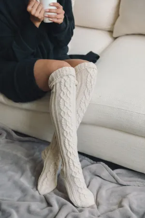 Thigh-High Cable Knit Socks | Ivory