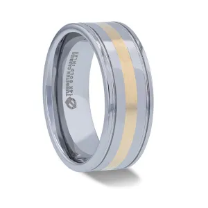 Thorsten LAZIO 14k Gold Inlay with Grooved Edges Tungsten Polished Wedding 8mm Band