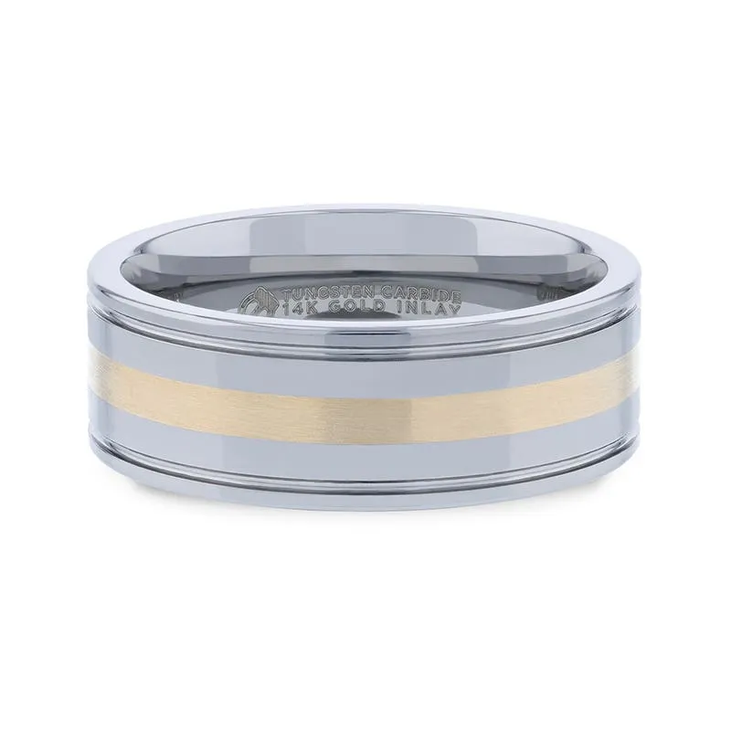 Thorsten LAZIO 14k Gold Inlay with Grooved Edges Tungsten Polished Wedding 8mm Band
