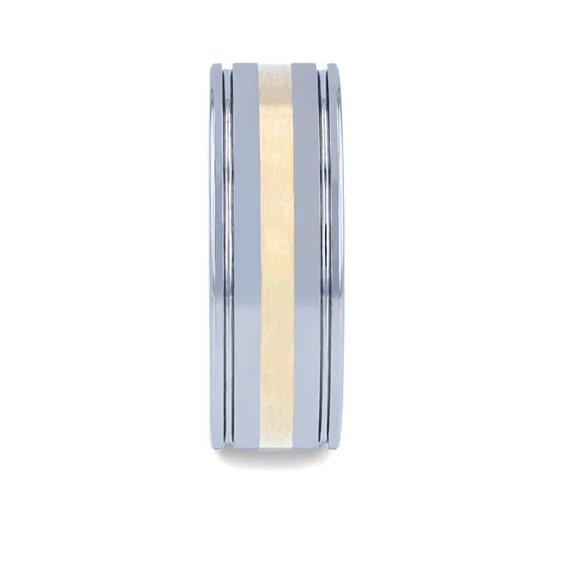 Thorsten LAZIO 14k Gold Inlay with Grooved Edges Tungsten Polished Wedding 8mm Band