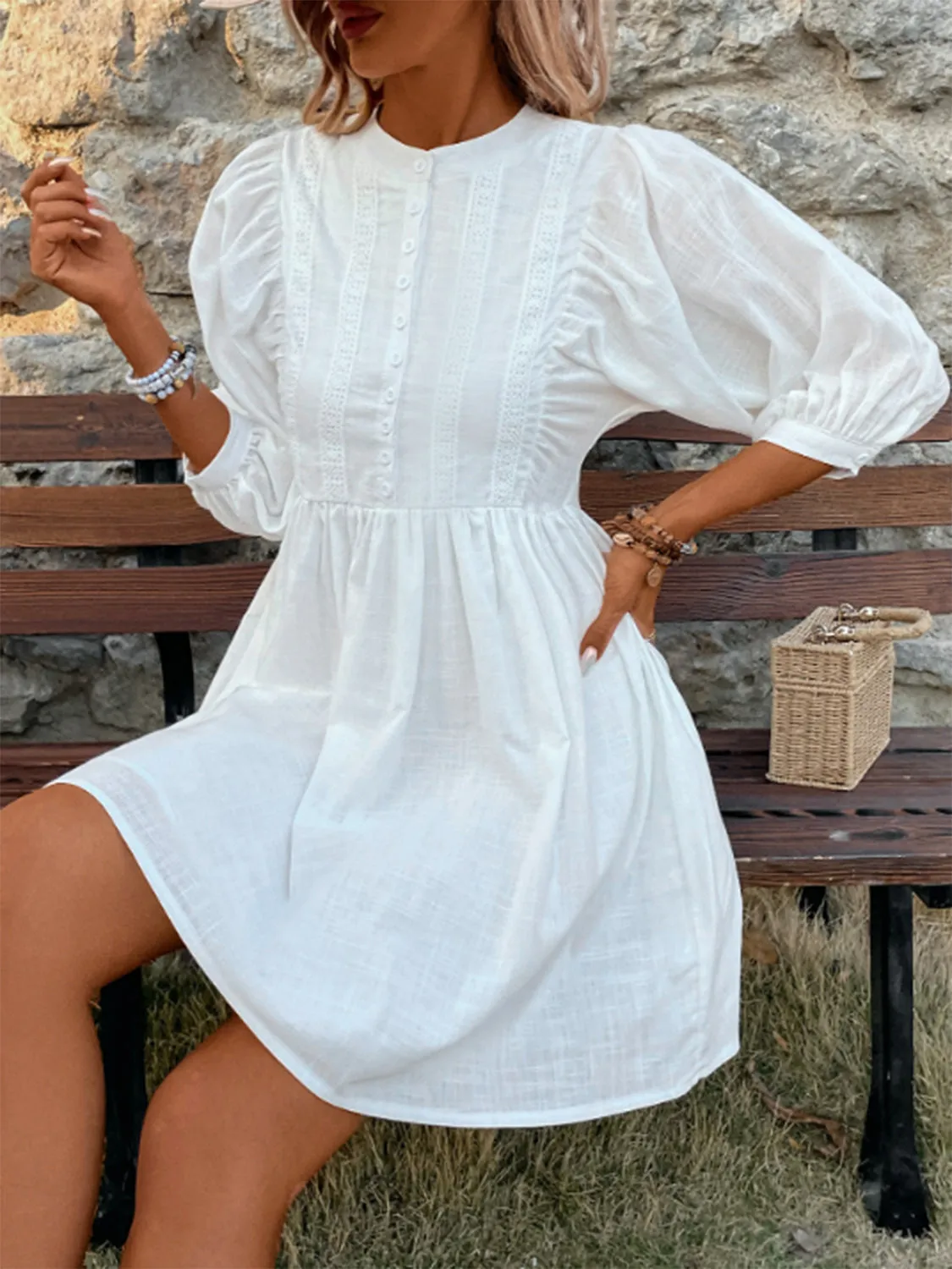 Three-Quarter Sleeve White Dress