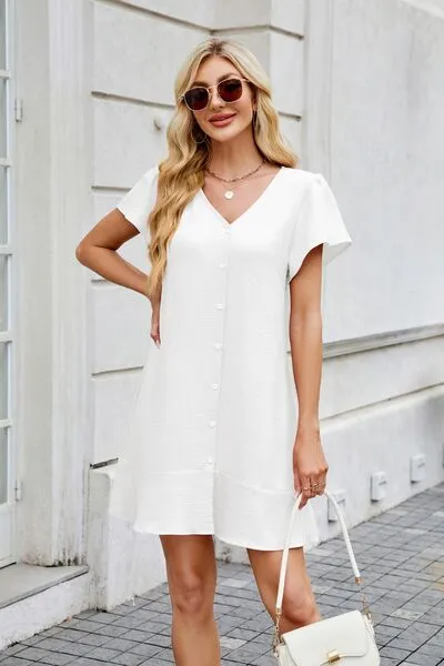 Tied Button Up Short Sleeve Mini Shirt Dress