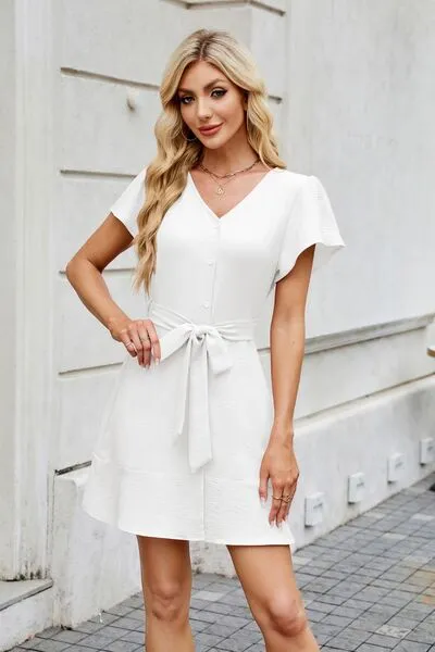 Tied Button Up Short Sleeve Mini Shirt Dress