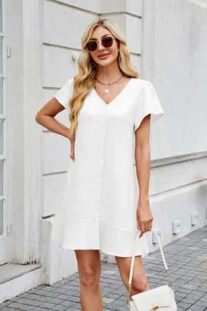 Tied Button Up Short Sleeve Mini Shirt Dress
