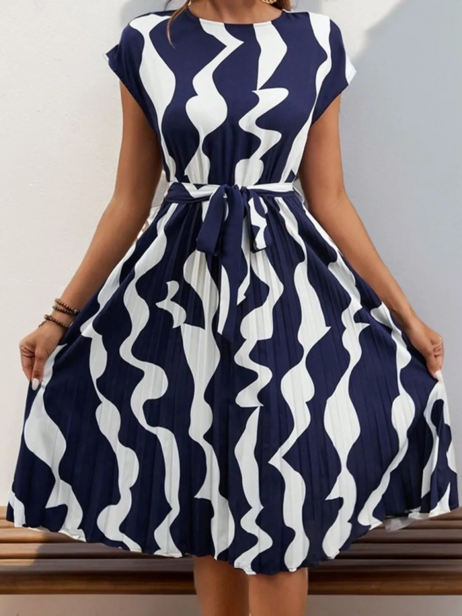 Tied Pleated Printed Cap Sleeve Dress