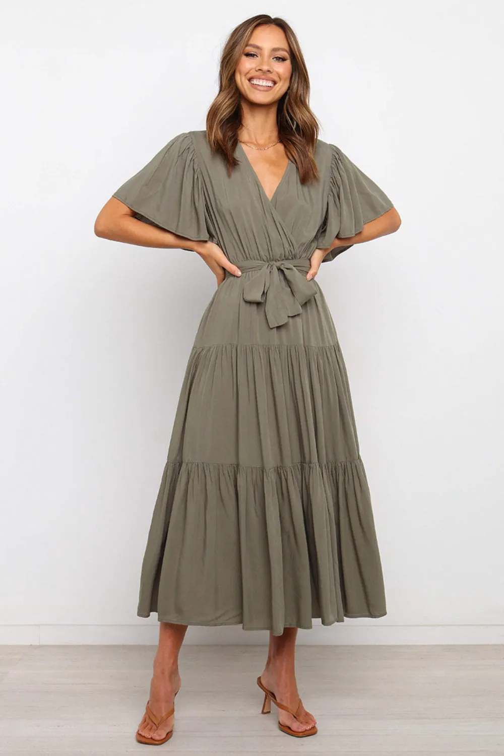 Tied Tiered Short Sleeve Midi Dress